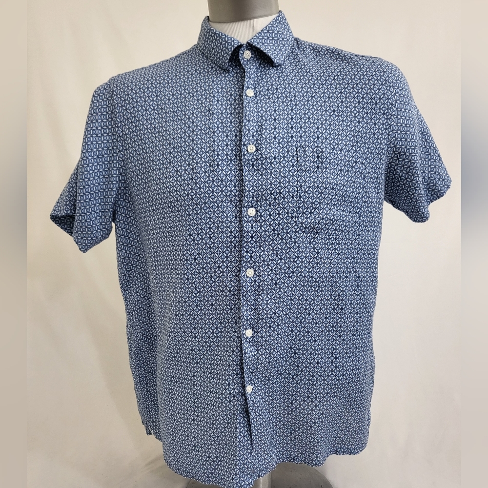 Mens Club Room Luxury Linen Blue White Geo Print Short Sleeve Button Up Sz XXL